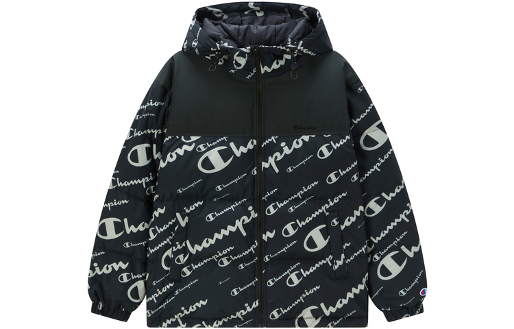 Champion FW22 All-Over Script Logo Hoodie Puffer Jacket Unisex Relaxed Fit. UU-WDJ05