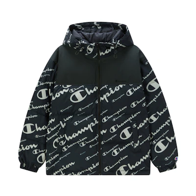 Champion FW22 All-Over Script Logo Hoodie Puffer Jacket Unisex Relaxed Fit. UU-WDJ05