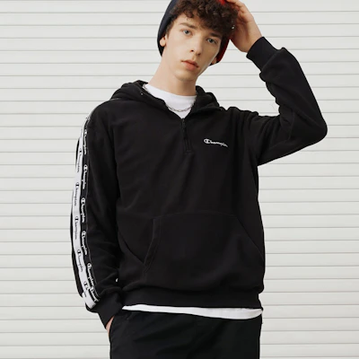 Champion Legacy Half-Zip Hoodie with Side Taping Classic Logo Unisex European Style EM-USW28 Details for Champion Legacy Half-Zip Hoodie with Side Taping Classic Logo Unisex European Style EM-USW28