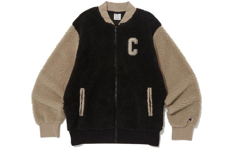 Champion Letter Print Baseball Collar Zip Jacket Unisex - Black CKJA3F312BK