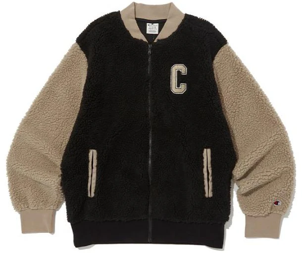 champion-letter-print-baseball-collar-zip-jacket-unisex-black-ckja-3-f312-bk