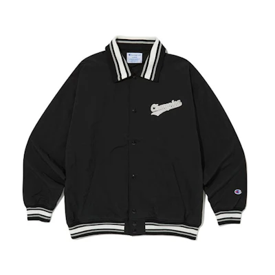 Champion Letter Print Solid Color Button-Up Jacket Black - CKJA3F350BK