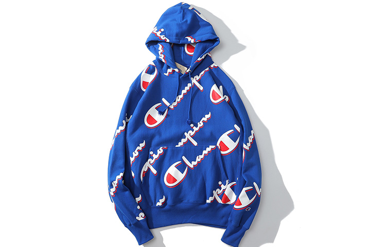 Champion Life All-Over Logo Fleece Hoodie Blue - Unisex US Edition S2974-6VO