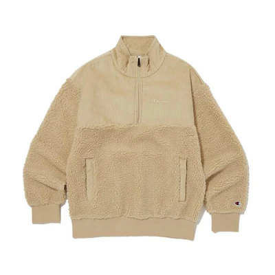 Champion Logo Printed Half-Zip Pullover Sweatshirt Beige - CKTS3F821I2