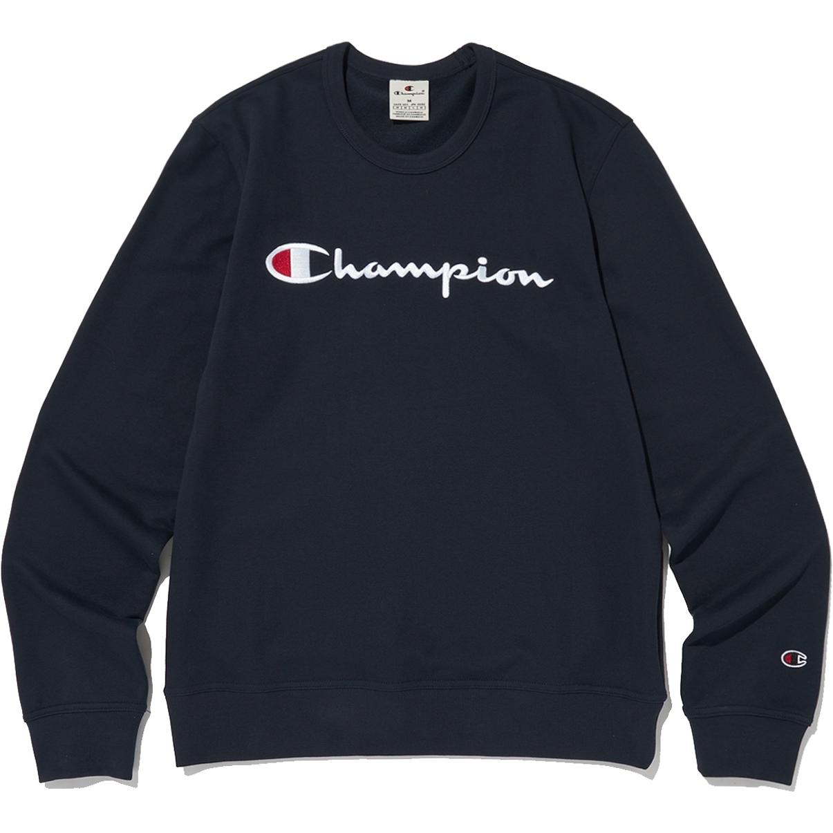 Champion Oversized Script Logo Crewneck Slim Sweatshirt Unisex Navy Blue CKTS5ES43N2