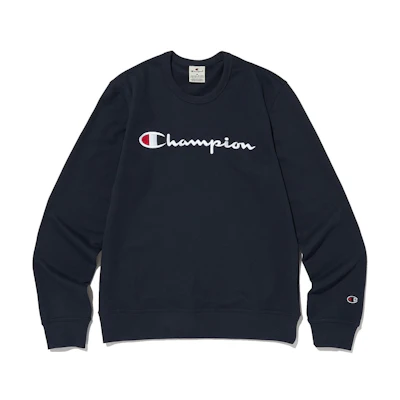 Champion Oversized Script Logo Crewneck Slim Sweatshirt Unisex Navy Blue CKTS5ES43N2