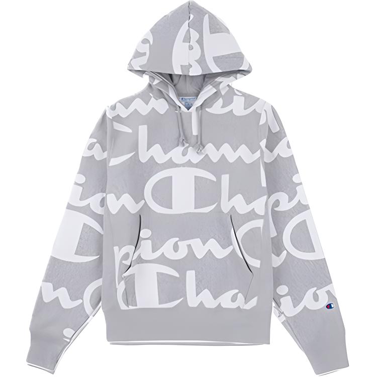 Champion Premium All-Over Logo Print Hoodie Men’s Light Gray (US Version) S2974-LQL