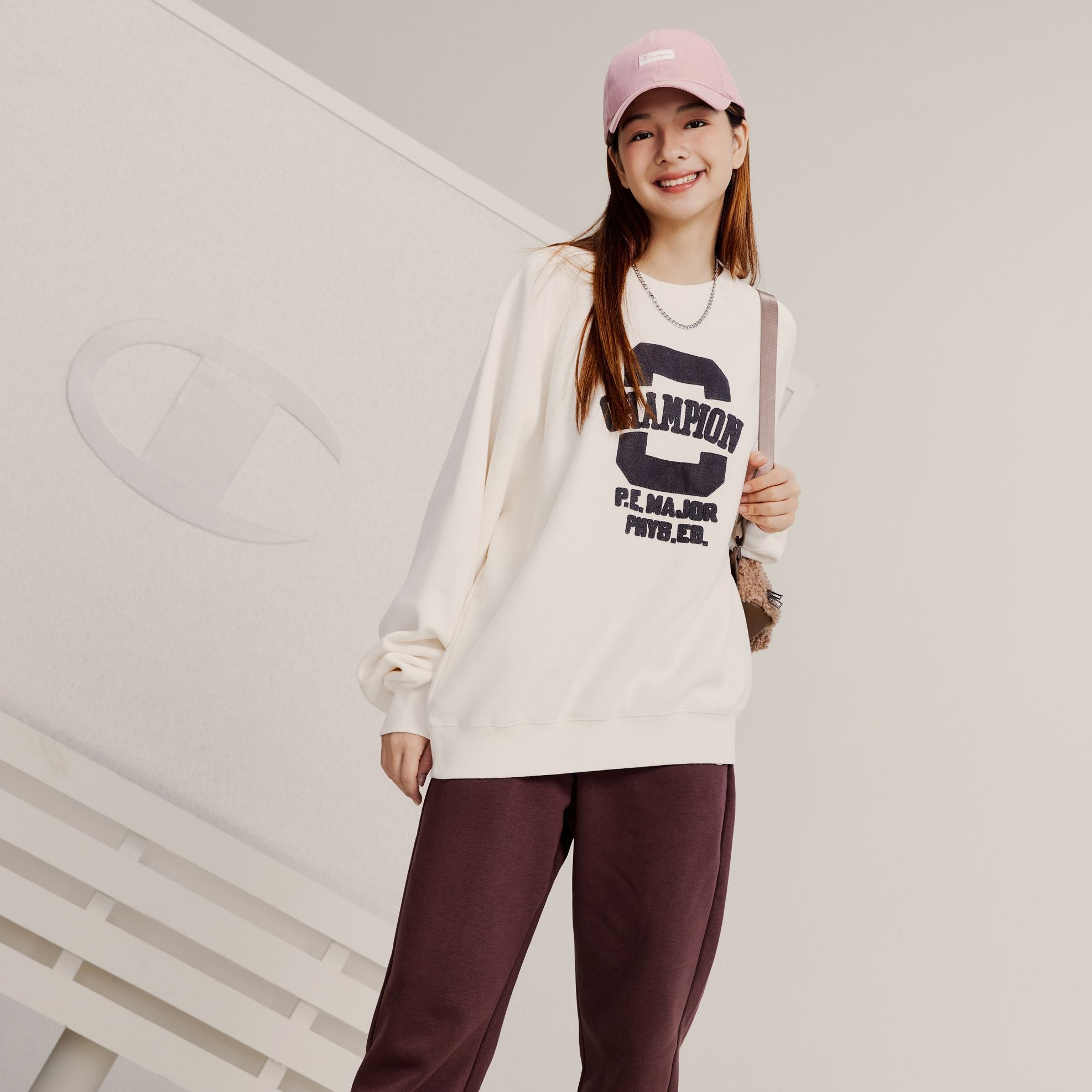 Shop Champion Premium Fleece Letter Print Unisex Crewneck Sweatshirt - European Fit EM-YSW21