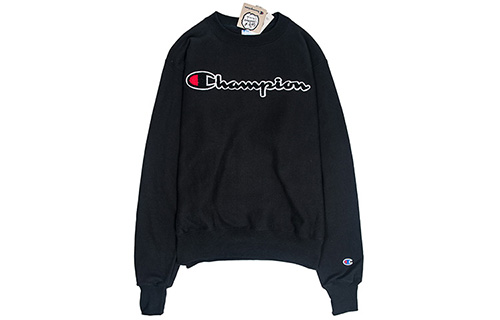 Champion Reverse Weave Flocked Script Logo Crewneck Sweatshirt Black Unisex Winter GF70Y07470-02