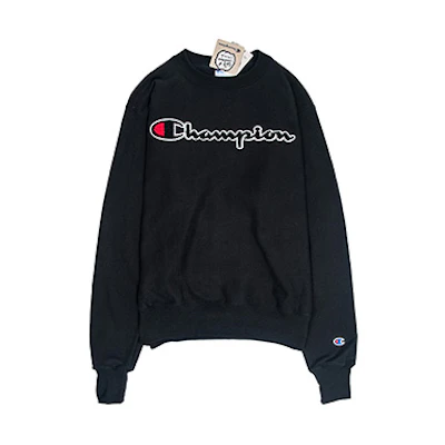 Champion Reverse Weave Flocked Script Logo Crewneck Sweatshirt Black Unisex Winter GF70Y07470-02