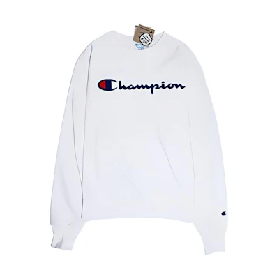 Champion Reverse Weave Script Logo Fleece White Crewneck Sweatshirt Unisex Winter GF70Y07470-01