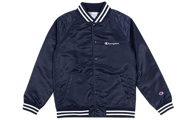Champion Satin Baseball Jacket Navy Blue with Script Logo Unisex Warm Outerwear C3-J619-M603