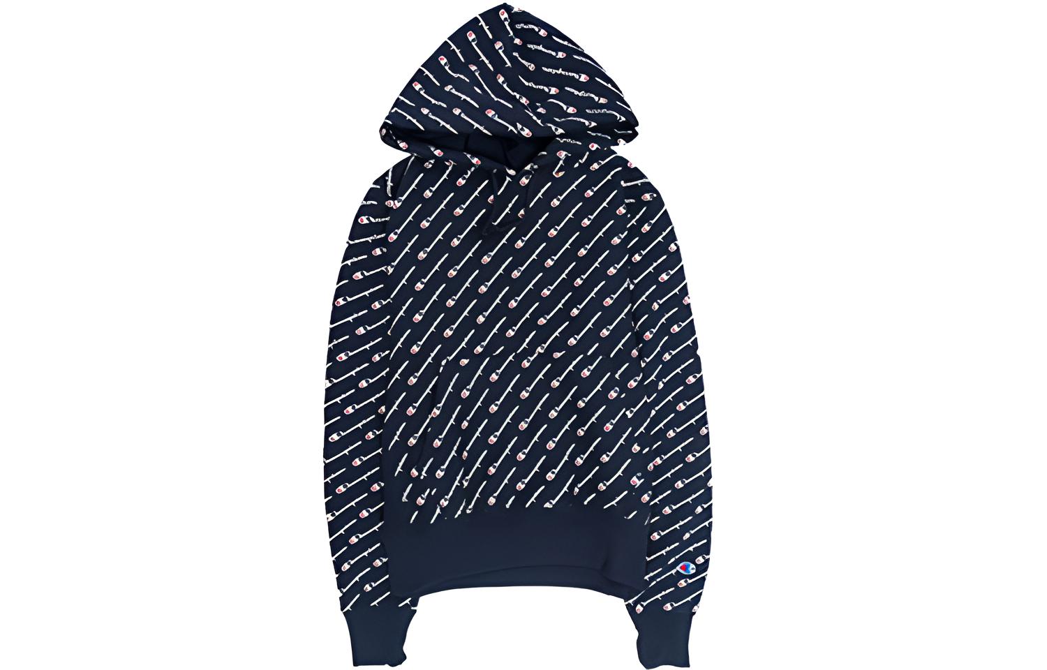 Champion Script Logo Allover Print Hoodie Navy Unisex (US Version) S2974-01