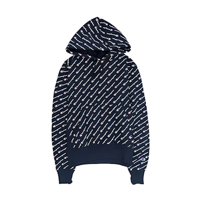 Champion Script Logo Allover Print Hoodie Navy Unisex (US Version) S2974-01