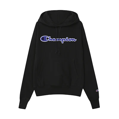 Champion Script Logo Flocked Hoodie Black/Blue - Unisex US Edition GF68-Y07731-BKC