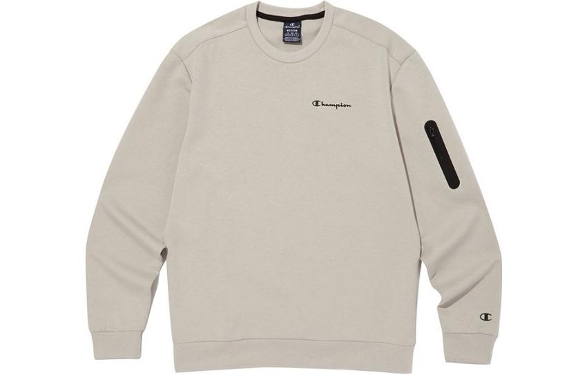 Champion Solid Beige Crewneck Sweatshirt with Logo Print - CKTS3F318I2