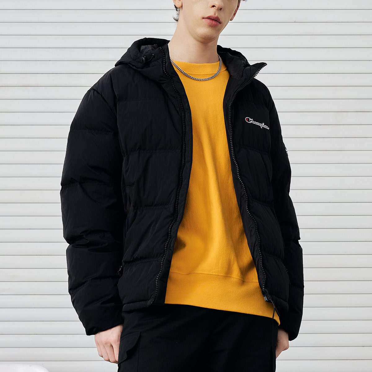 Cheap Champion x Embroidered Script Logo Puffer Jacket Unisex Thick Hooded Casual Warm EM-UDJ01