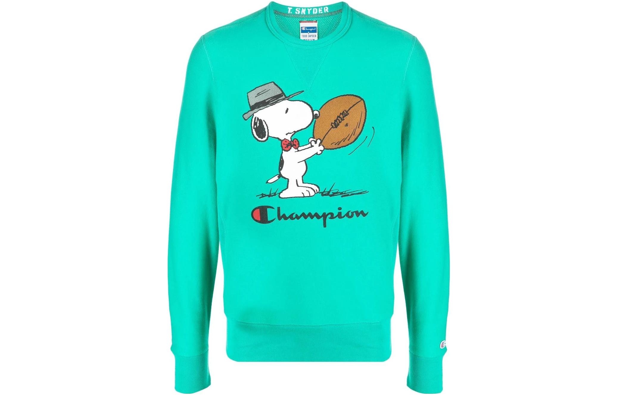 Champion Peanuts Green Cartoon Print Crewneck Sweatshirt Unisex Long Sleeve 217798FT108