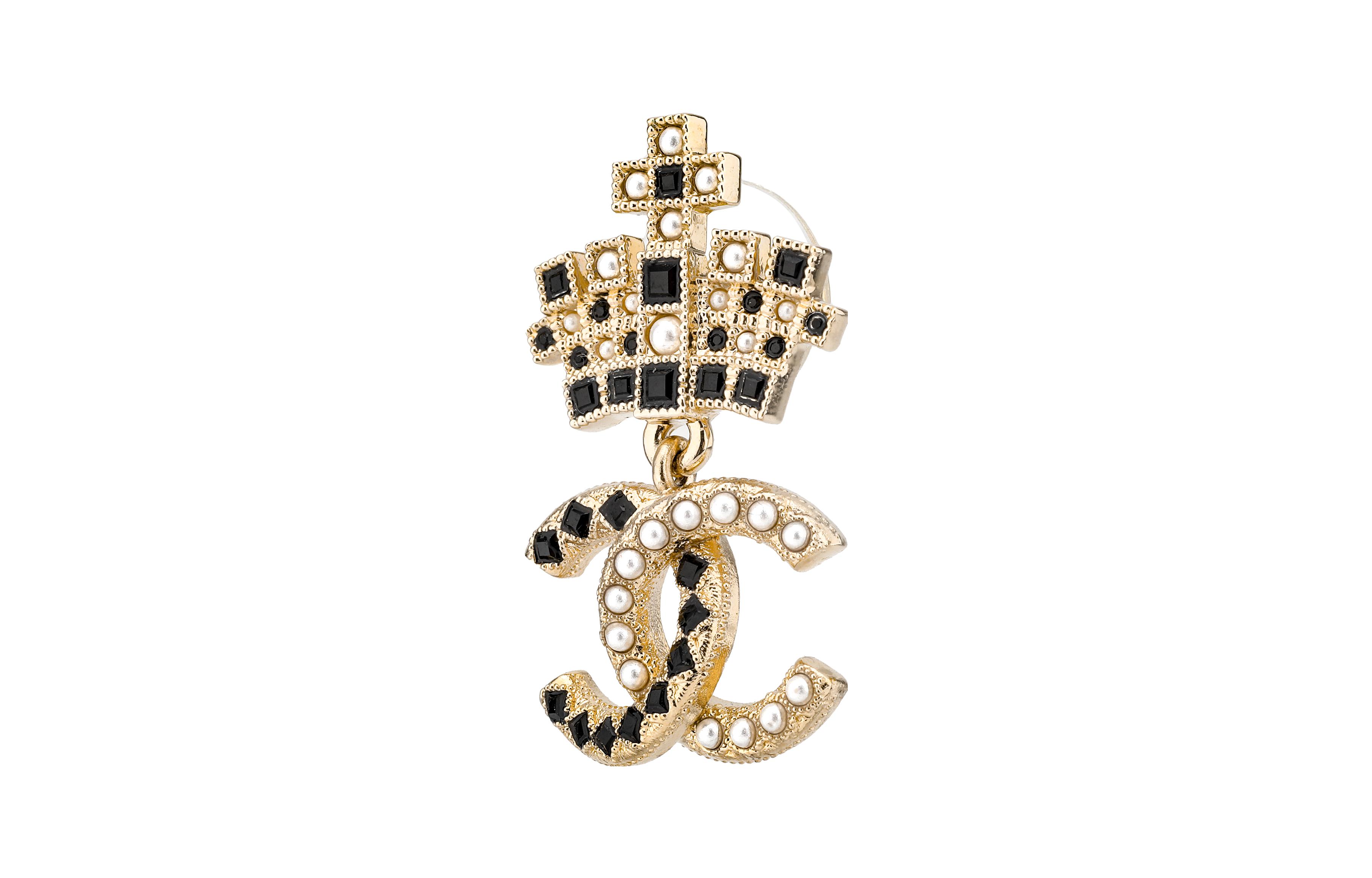 CHANEL 21 Crafts Black White Checkered Crown Earrings Gold AB6559-B06135-ND170 圖 3