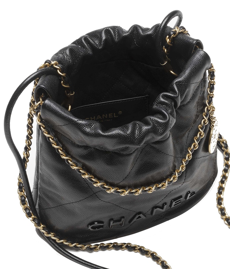 Order Beg Tangan Chanel 22K Mini Kulit Anak Lembu Grain Hitam Berkilat