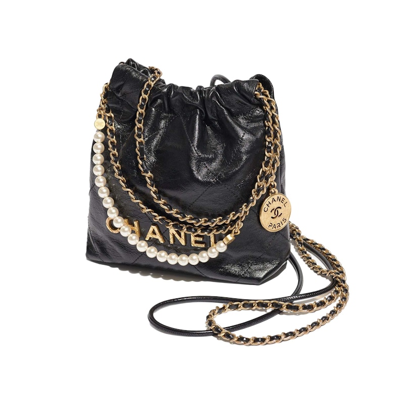 Chanel 22 Handbag Mini 23S Shiny Crumpled Calfskin Black with Pearl Chain