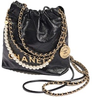 Chanel 22 Handbag Mini 23S Shiny Crumpled Calfskin Black with Pearl Chain Chanel 22 Handbag Mini 23S Shiny Crumpled Calfskin Black with Pearl Chain