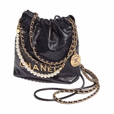 Chanel 22 Handbag Mini 23S Shiny Crumpled Calfskin Black with Pearl Chain