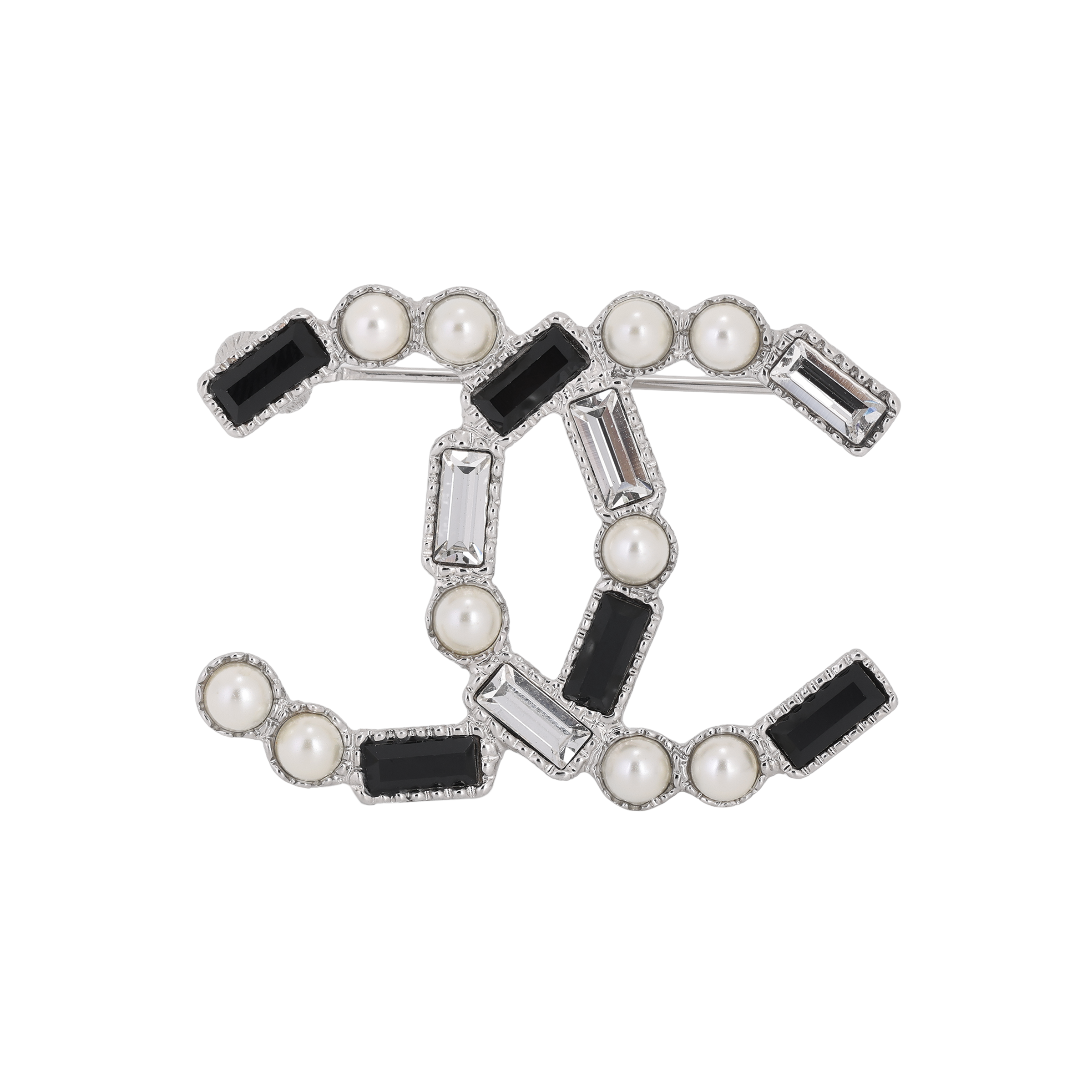 CHANEL 23K Black White Rhinestone Pearl Double C Metal Brooch Unisex. ABC294B14556NS395
