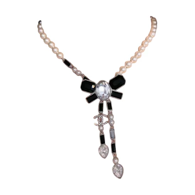 CHANEL 23K Pearl Bow Black Transparent Rhinestone Tassel Necklace Unisex. ABB997-B14556-NS395