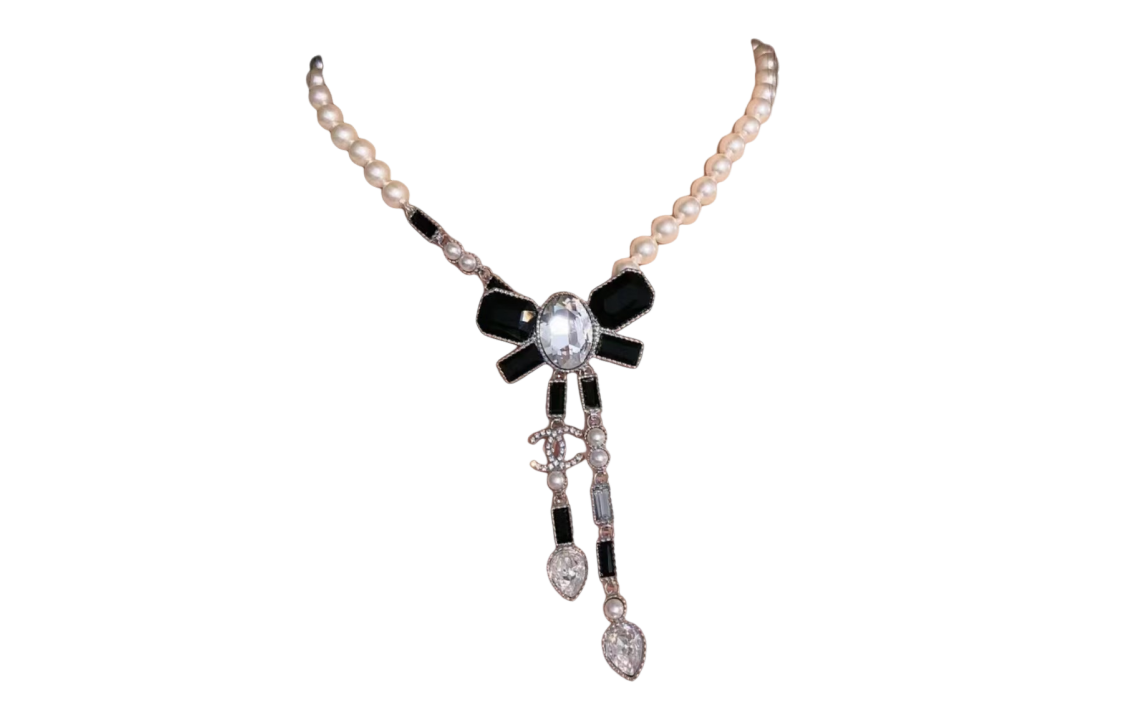 CHANEL 23K Pearl Bow Black Transparent Rhinestone Tassel Necklace Unisex. ABB997-B14556-NS395 圖 2