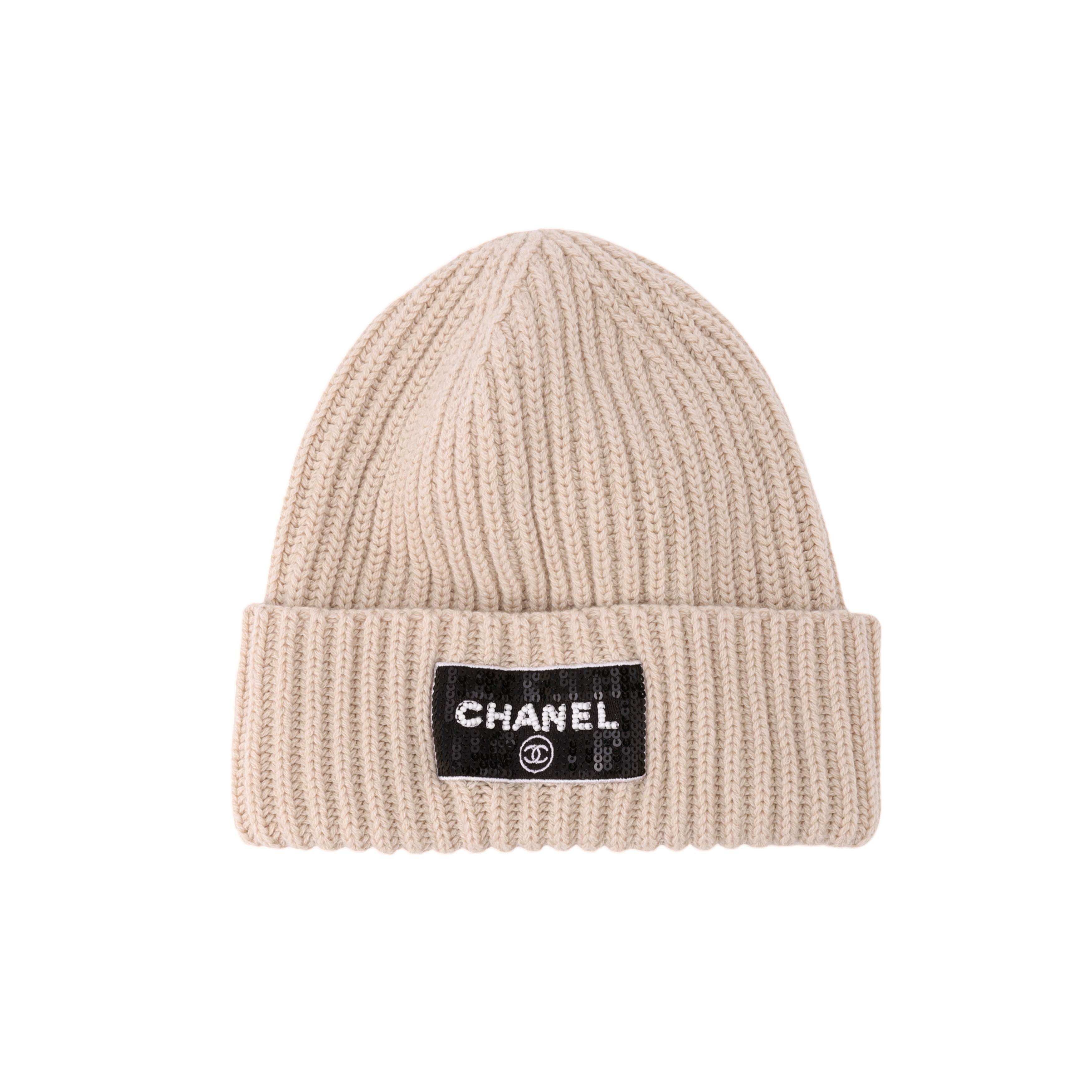 CHANEL 23K Sequin Letter Knit Wool Beanie Unisex Beige. AA0553-B13724-NS257