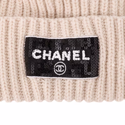 CHANEL 23K Sequin Letter Knit Wool Beanie Unisex Beige. AA0553-B13724-NS257 Details for CHANEL 23K Sequin Letter Knit Wool Beanie Unisex Beige. AA0553-B13724-NS257