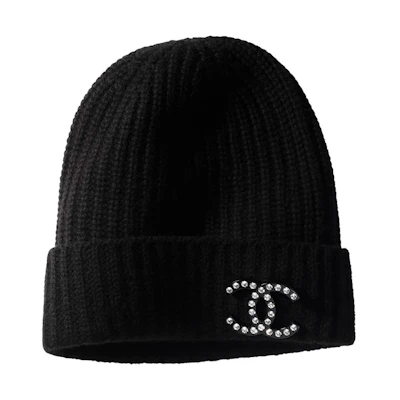CHANEL Black Wool Knit Hat with Double C Logo and Rhinestones. AA7984-B07062-NG054