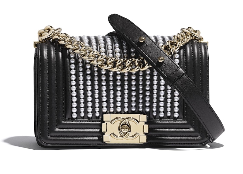 Buy 香奈儿 男孩包 牛皮/仿珍珠 金色 小号 黑色