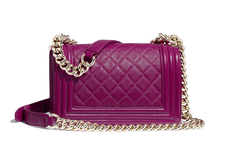 Order Chanel Boy Bag Kulit Anak Lembu Berbiji Emas Kecil Fuchsia