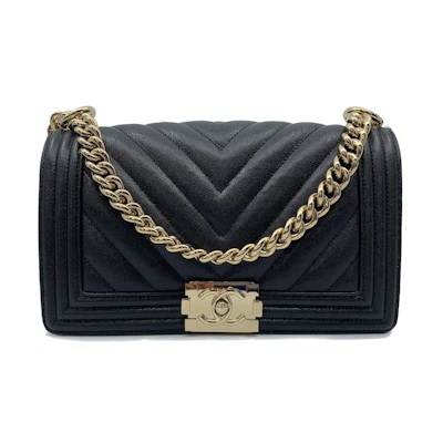 Chanel Boy Chevron Quilted Caviar Gold-tone Medium Black