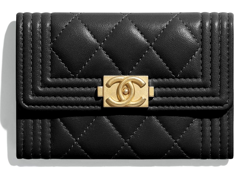 Chanel Boy Flap Card Holder Quilted Lambskin Gold-tone Black