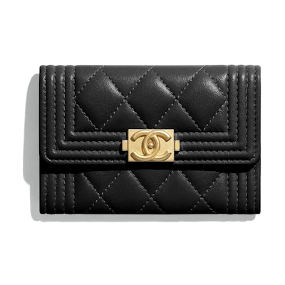 Chanel Boy Flap Card Holder Quilted Lambskin Gold-tone Black