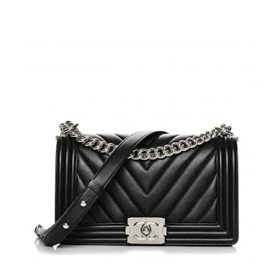 Chanel Boy Flap Chevron Calfskin Silver-tone Medium Black
