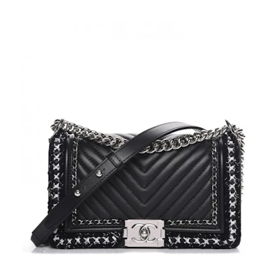 Chanel Boy Flap Chevron Quilted Medium Silver-tone Black