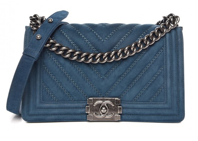 Chanel Boy Flap Chevron Quilted Nubuck Medium Blue
