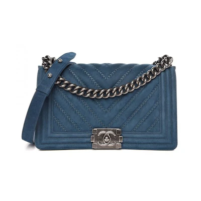 Chanel Boy Flap Chevron Quilted Nubuck Medium Blue