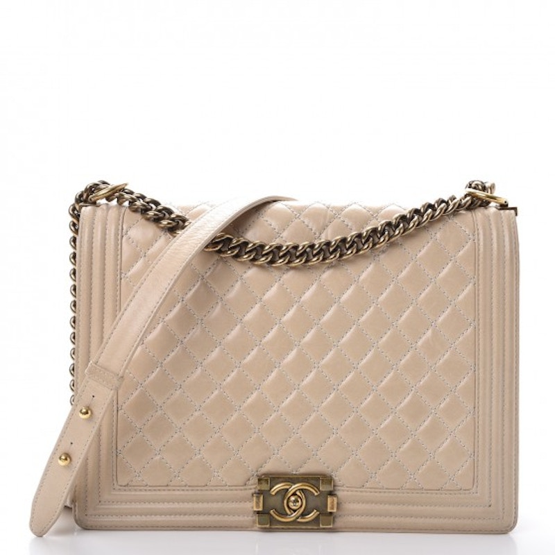 Chanel Boy Flap Quilted Diamond Large Beige