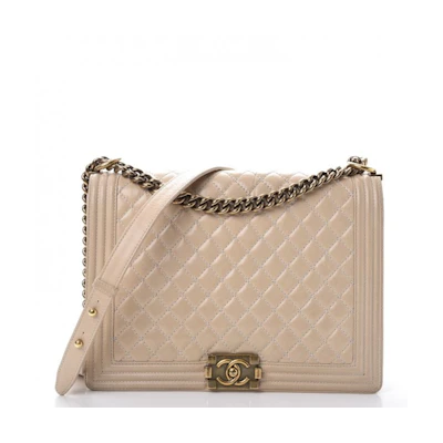 Chanel Boy Flap Quilted Diamond Large Beige