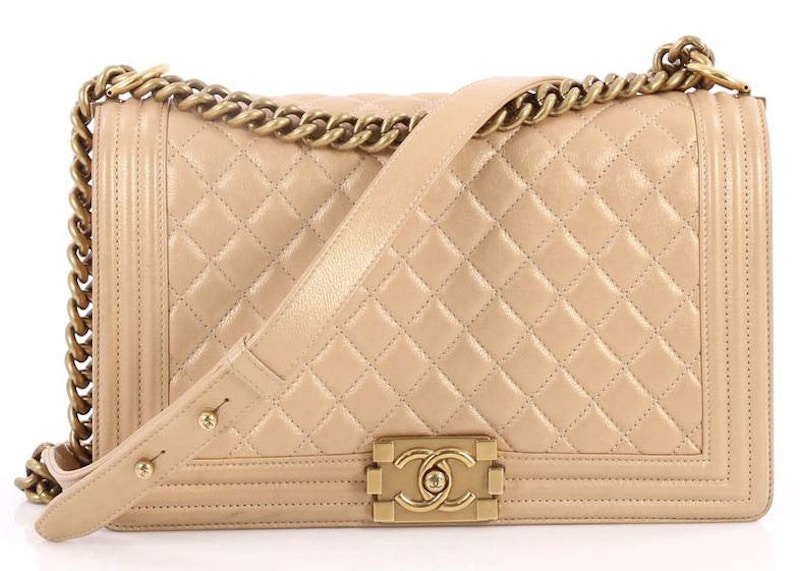 Chanel Boy Flap Quilted Diamond Metallic New Medium Tan