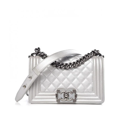 Chanel Boy Flap Quilted Metallic Calfskin Ruthenium Small Silver