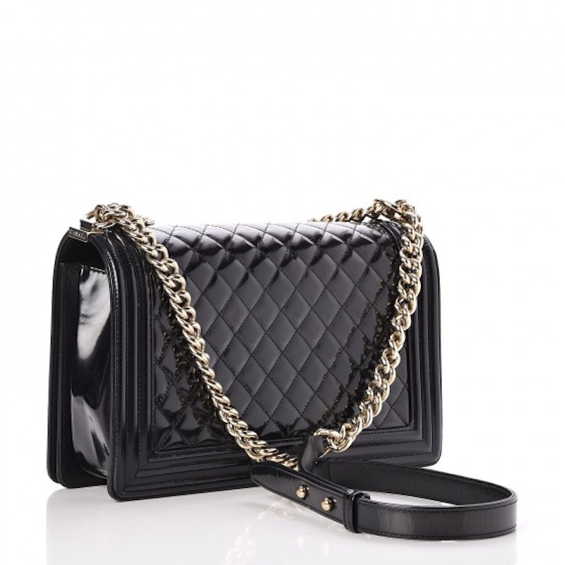 Order 香奈兒男孩款絎縫漆皮金色中號肩背包 - 黑色