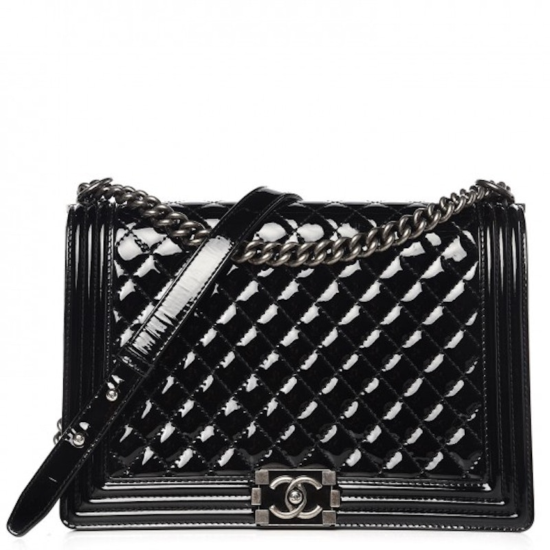 Chanel Boy Flap Quilted Patent Leather Silver/Black-tone Large Black