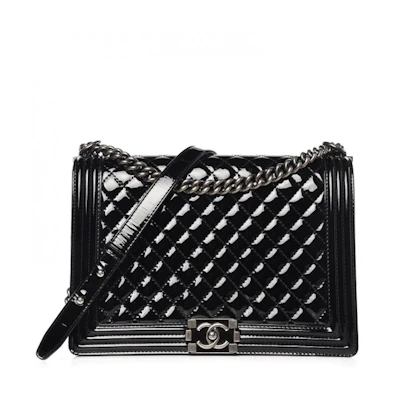 Chanel Boy Flap Quilted Patent Leather Silver/Black-tone Large Black