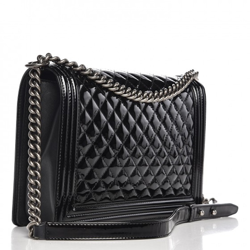 Order 香奈兒Boy Flap菱格壓紋漆皮銀/黑色調大號黑色包袋